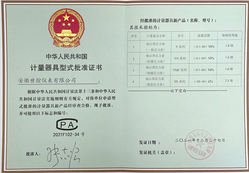 計量器具型式批準(zhǔn)證書